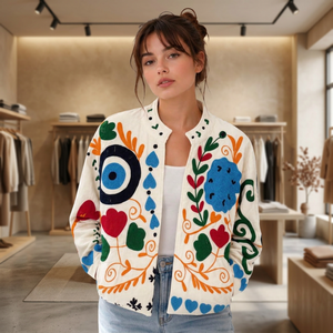 Women's Embroidered Bomber <b>Jacket</b> With Floral Pattern <b>Mandarin</b> <b>Collar</b> Velvet Spring Outerwear For Wholesale B2B Inquery - Product Image 1