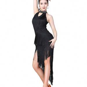 Éblouissantes femmes danse <span class=keywords><strong>Salsa</strong></span> Samba vêtements col haut Spandex franges robes latines sans manches irrégulière longue robe avec collier - Product Image 3