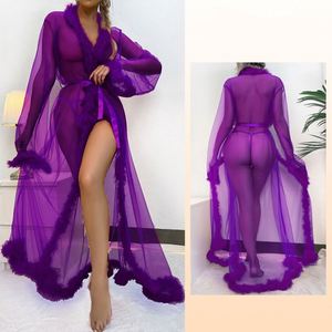 Bata Larga de Malla Sexy con Borde Peludo, Pijama Transparente de Satén con Cintura Elástica, Secado Rápido para Verano - Product Image 6