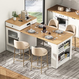 Modern Wood <b>Dining</b> Room Furniture Set Convertible Round <b>Dining</b> <b>Table</b> Kitchen Island Bar <b>Stools</b> & Storage Cabinet for Home - Product Image 5