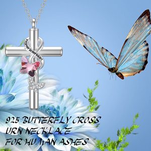 Collier urne en argent sterling 925 avec cristal rose en forme de papillon et de croix pour cendres, bijoux de crémation - Product Image 6