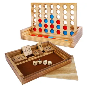 Trò chơi xúc xắc gỗ cổ điển với số dòng lên 4 trò chơi cho gia đình trẻ em đóng hộp và 4 trong một hàng bảng trò chơi thiết lập