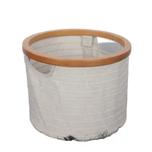Polyester Baumwolle Runde Wäsche Aufbewahrung sbox zusammen klappbarer Wäsche korb mit Bambus rahmen