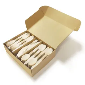 Set di posate per feste Picnic biodegradabile in legno di betulla utensili per cibo con cucchiaio graduato Set di coltelli usa e getta