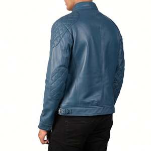 Blouson de motard Gatsby bleu aniline à fermeture éclair pour hommes cuir de mouton véritable avec tissu matelassé pour l'hiver XL - Product Image 4