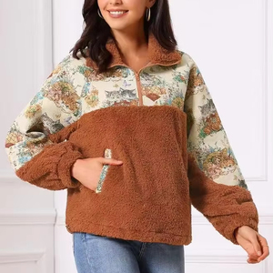 <strong>Womens</strong> Jacquard Pattern Sherpa Fleece <strong>Quarter</strong> <strong>Zip</strong> Pullover Long Sleeve Fall Winter <strong>Sweatshirt</strong> with Kangaroo Pocket for Wholesale - Product Image 1