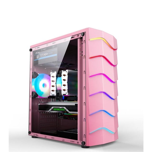 Factory New Design Pink Acrylic Glass Panel and Plastic LED Trips Computer Gaming case for Gamer