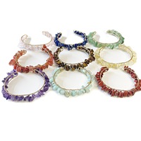 Bracelet manchette ouverte ajustable en pierres naturelles plaqué or, avec fil enroulé à la main, pour femme