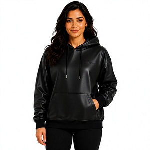 Tiierwear <b>Women's</b> <b>Black</b> Leather <b>Hoodie</b> Oversized Pullover with Front Pockets Embossed Logo Autumn Streetwear Style - Product Image 1