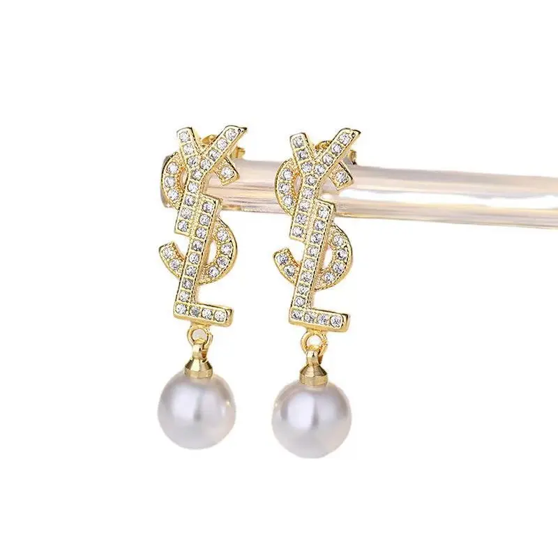 2022 925 Silver Post Premium Genuine Gold Plated Micropaved Zircon Alphabet Pearl Stud Earrings