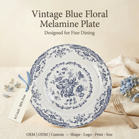 OEM ODM Blau-Weißes Melamin-Geschirr Runder Teller 8,5 Zoll Bruchsicher Vintage Blumenmuster für Hochzeit Bankett Event Empfang