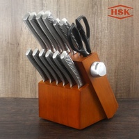Ensemble de couteaux de chef de cuisine professionnels HSK Notre fabricant Nouveau produit Logo imprimé Poignée en PP Bloc de bois revêtu de coupe en plastique