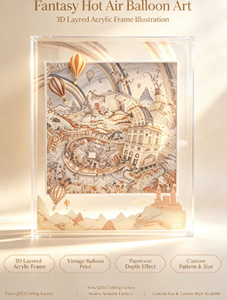 Tableau mural carré vintage Paysage Château Montgolfière, Peinture décorative avec panneau acrylique transparent à motifs - Product Image 1