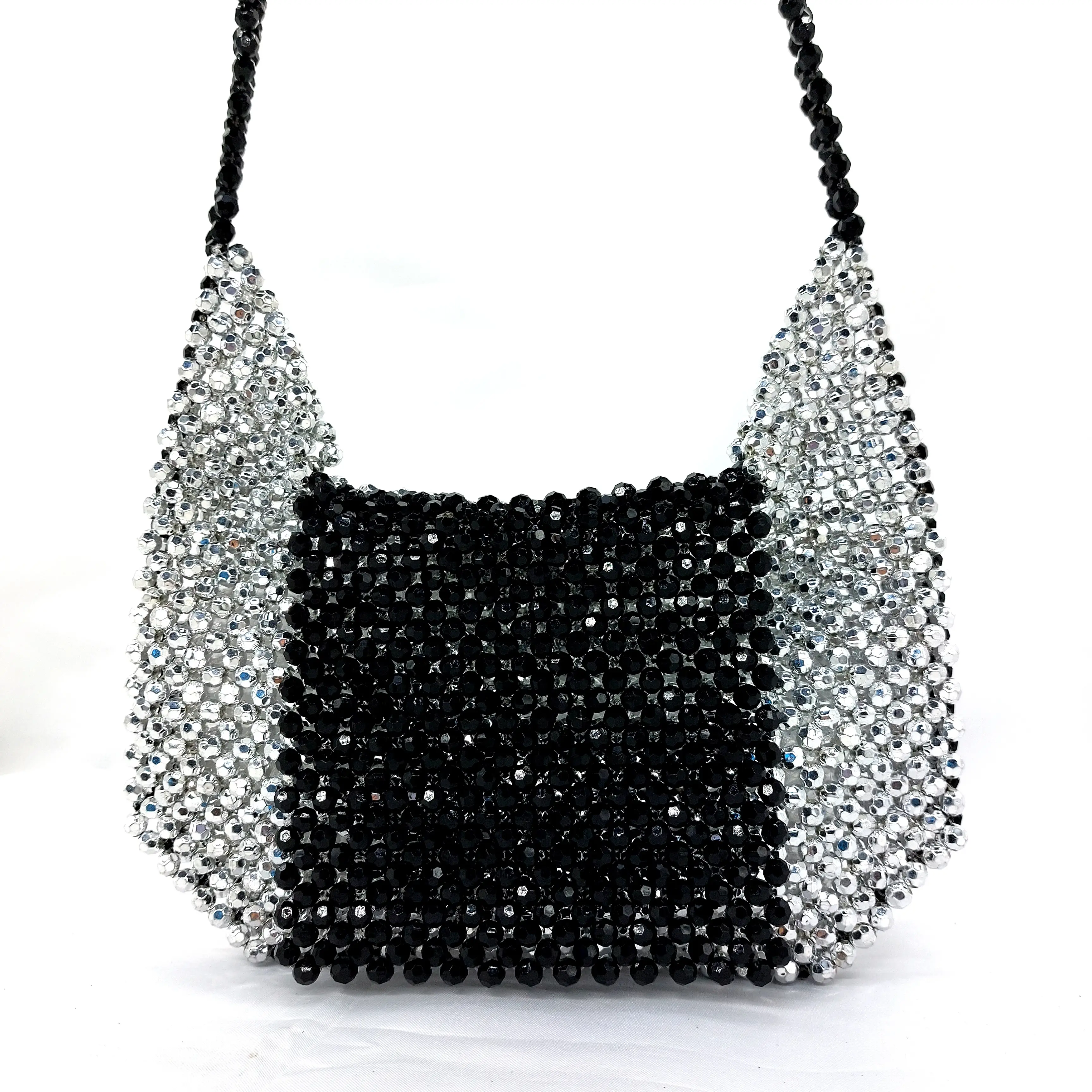 OEM su misura Low MOQ Crystal Beaded plain Luxury Black con borsa a mano con pochette a tasca aperta con linguetta d'argento per signora