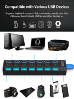 Hub USB multiport 3.0 à 7 ports, adaptateur OTG, accessoires informatiques avec adaptateur secteur