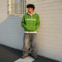 Sweat-shirt à capuche vert à carreaux personnalisé pour homme, coupe ample, fermeture éclair intégrale, épaules tombantes, style streetwear, marque privée, fabricant ODM OEM