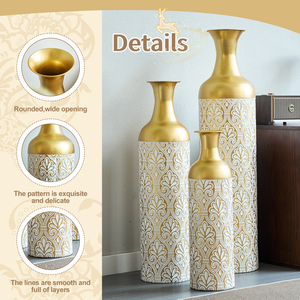 Set di 3 vasi cilindrici alti in metallo bianco oro, decorativi per fiori, con motivo a rilievo, centrotavola moderno di lusso - Product Image 5