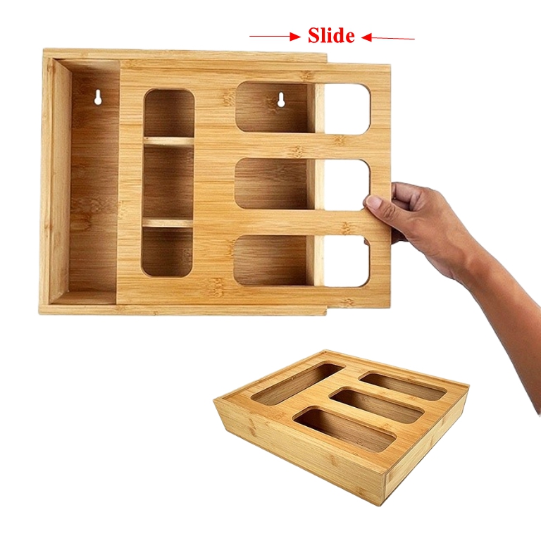 Бамбуковый кухонный ящик-диспенсер DS999, деревянный мешочек для хранения продуктов, держатели для сумок, органайзер, бамбуковый пакет на молнии, органайзер для хранения