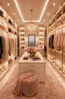 Dressing moderne de luxe avec portes vitrées à cadre doré, éclairage LED, étagères réglables, tiroirs et système de rangement personnalisé