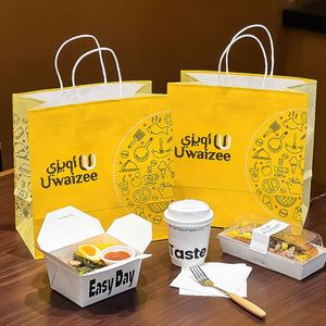Sac en papier kraft personnalisé, écologique, jetable, pour la restauration rapide à emporter, avec poignée et impression de logo - Product Image 5