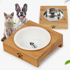 Bamboo Elevated Dog <b>Cat</b> Food and Water Bowls Stand <b>Feeder</b> with 2 Stainless Steel Bowls Ceramic Bowl - Product Image 1