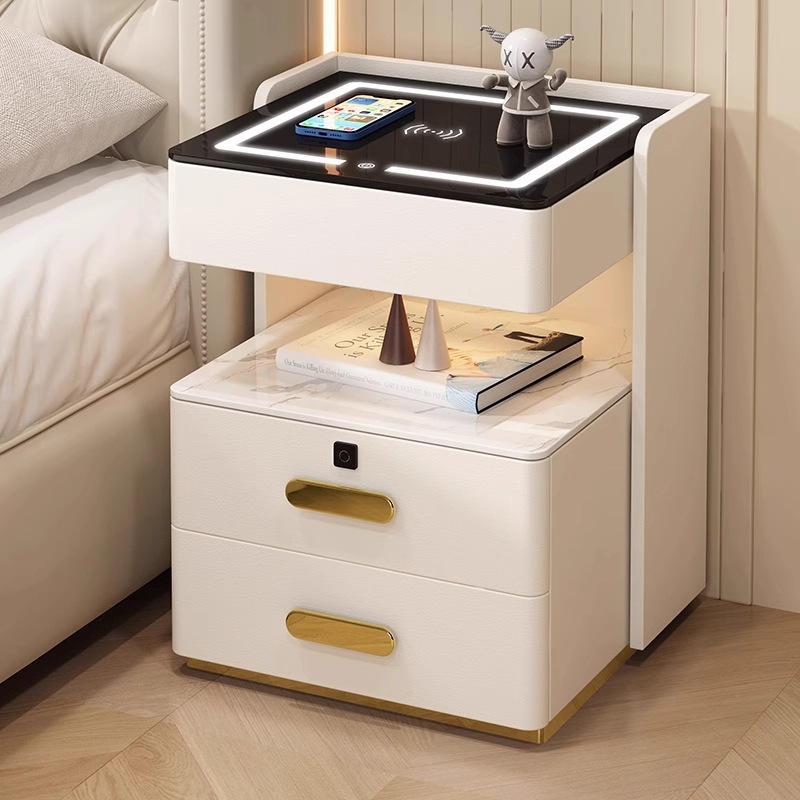 Smart Bedside Table Multi-function Storage Solid Wood Tempered Glass ...