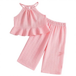 Set di Abbigliamento per Bambina 2 Pezzi: Giacca con Fiocco Tridimensionale e Orlo a Balze, Pantaloni Dritti, Colore Unico, 100% Cotone - Product Image 1