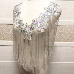 Col brodé pour mariage à une seule face avec des glands perlés, appliques pour le décolleté avec franges - Product Image 2