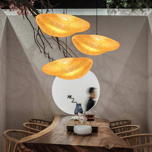 Bamboo Woven Pendant Lamp Round Led <b>Light</b> Source Single Head Chandelier For <b>Dining</b> Room Chinese Zen Style - Product Image 4