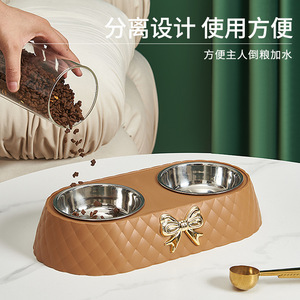 Bol pour animaux de compagnie en acier inoxydable, double gamelle antidérapante et anti-renversement, forme ovale, pour chat et chien, style luxueux - Product Image 3