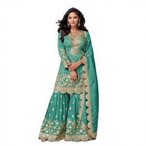 Elegante Conjunto de Traje Sharara de Satén Bordado de 3 Piezas para Mujer, Cuello en V, Largo Completo, Estampado Floral, Verde con Detalles Dorados - Product Image 1