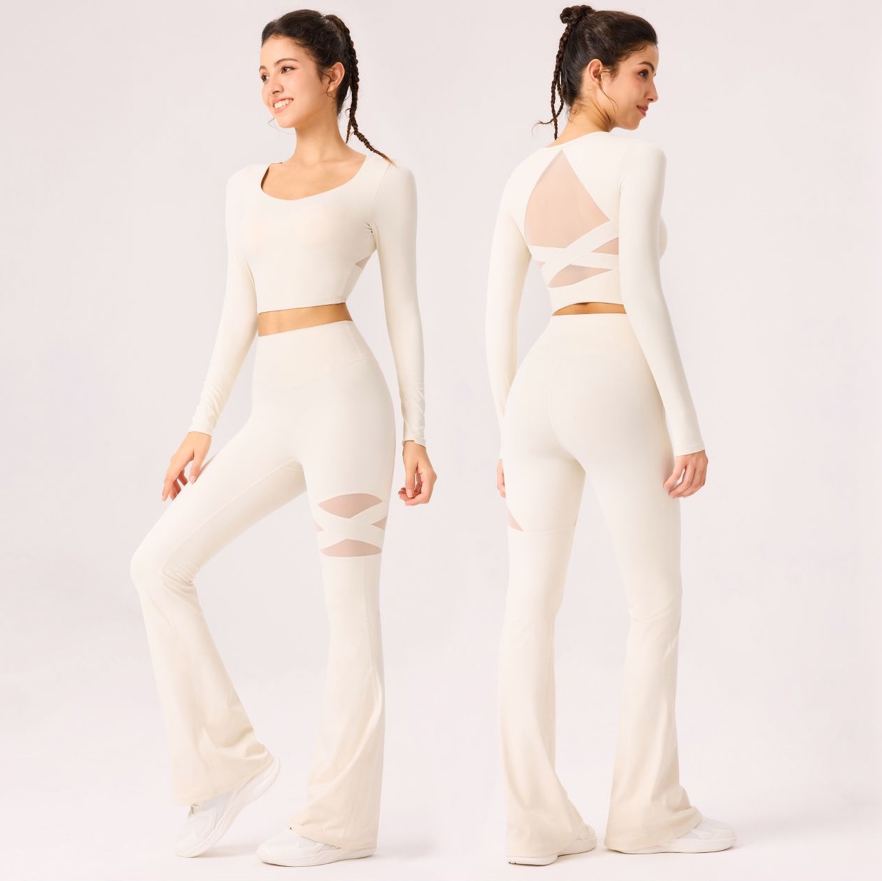 Ladies Sexy Backless Gym Fitness Set Long Sleeves Crop Top High Waist Flare Pants Mesh Pilates Yoga Suit