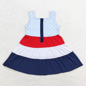 Vestidos al por mayor para niñas, para el 4 de julio, estilo boutique, con estampado de bandera estadounidense, estrellas y rayas, sin mangas, con volantes. - Product Image 6