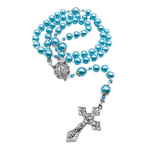 8 millimetri Light Blue Pearl Beads Collana Del <span class=keywords><strong>Rosario</strong></span> Cattolico con Vergine Maria Medaglia Crocifisso Tono Argento Rosari in Sacchetto di Velluto - Product Image 1