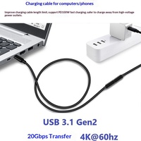 Kabel Ekstensi USB 3.1 Tipe-C Male Female 4K 100W 20Gbps Kabel USB C untuk Ponsel, Hard Disk, Docking Station, Transfer Data