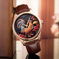 Montre-bracelet I&W Carnival OEM ODM pour homme, motif Coq du Zodiaque, cadran artistique peint à la main, boîtier en acier or rose, bracelet en cuir, logo personnalisé