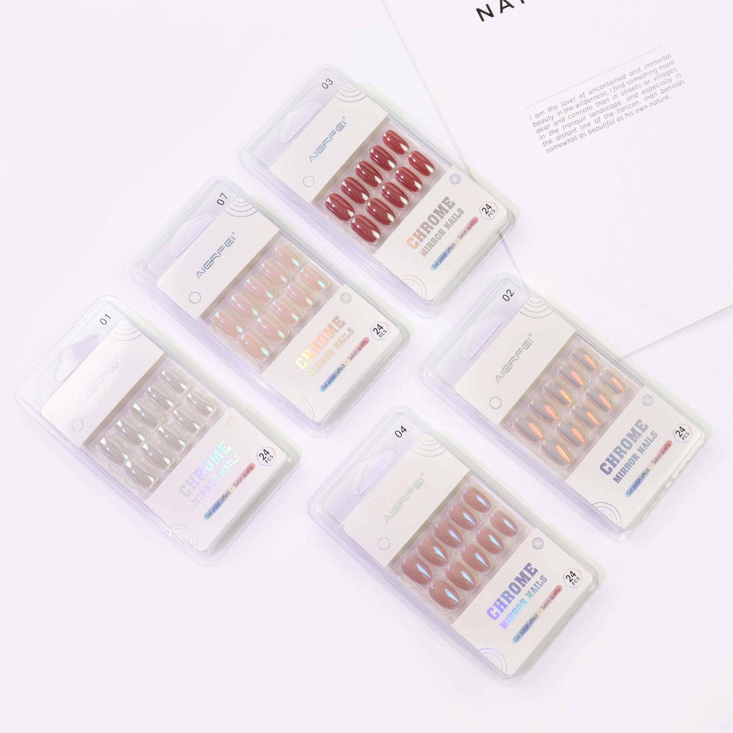 AIERFEI Ready to Ship Stunning Mirror Chrome Press on Nail Salon Quality Fake Nails 24 Pcs Oval Shape False Nails Wholesaler