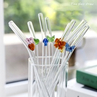 Pailles en verre transparentes réutilisables, courbées, mignonnes, colorées, papillon, fleur, champignon, cœur d'amour, pour smoothies, boissons, milkshakes, jus