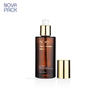 ขวดปั๊มโลชั่นแก้วสีชาขนาด 100 มล. 120 มล. 150 มล. บรรจุภัณฑ์เครื่องสำอางสุดหรู ขวดบรรจุเอสเซนส์ โทนเนอร์ ครีม ขวดบำรุงผิว หัวปั๊มสีทอง - Product Image 1