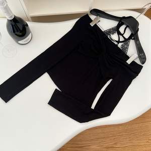 Women's Off Shoulder Front Halter <b>Top</b> - Lace Trim Long Sleeve Ribbed Crop <b>Top</b> Cami Womens Clothes Shirt Fashion - Product Image 4