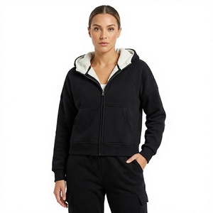 <b>Women</b> Eco-Friendly Solid Black <b>Sherpa</b> Lined Zip up Hoodie Fleece <b>Jacket</b> with Front Logo and Side Pockets Winter - Product Image 1