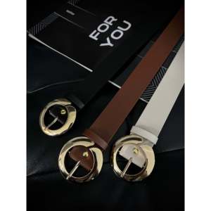 Cinturón de PU para Mujer Fiori con Hebilla Redonda de Aleación Dorada, Estilo Casual, Cierre de Pin, Negro, Marrón, Beige - Product Image 2