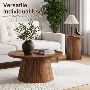 Juego de Mesa de Centro de Madera Moderna, Diseño de Mediados de Siglo, Muebles Hechos a Mano para Sala de Estar, Tapa Redonda, Base de Madera Sólida - Product Image 2