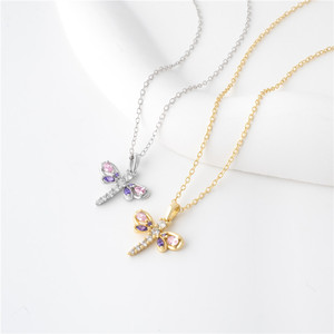 Collar con colgante de libélula de circonita morada y rosa en plata de ley S925, versión de cobre personalizable, con temática animal para mujer - Product Image 5
