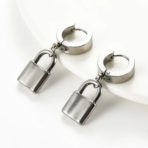 1 Pair Stainless Steel Lock Pendant Hoop <b>Earrings</b> <b>Men</b> Women Gothic Punk <b>Huggie</b> Drop Dangle <b>Earring</b> Jewelry Silver Black Color - Product Image 4