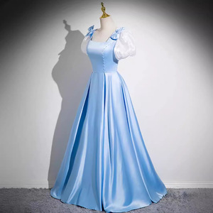 Blue Evening Gown Square Collar A-Line Satin Empire Waistline Formal Wear - Product Image 3