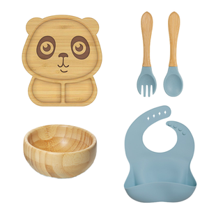 Set de Alimentación para Bebés, Plato de Silicona con Diseño de Animales de Bambú, Tazón con Succión y Babero, Fácil de Limpiar, Plato de Bambú con Diseño de Animales - Product Image 1