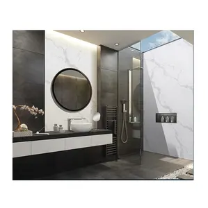 Calacatta White Quartz Stone Slab Hotel Bathroom Tiles Mirror Background Wall