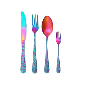 Juego de cubiertos metálicos con revestimiento arcoíris y diseño de mango ornamentado, apto para lavavajillas, cubiertos elegantes para fiestas. - Product Image 1