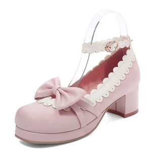 Chaussures à talons carrés grande taille 46 pour femmes, escarpins à bout rond avec nœud frontal et lacets à la cheville pour filles, idéales pour le cosplay - Product Image 1